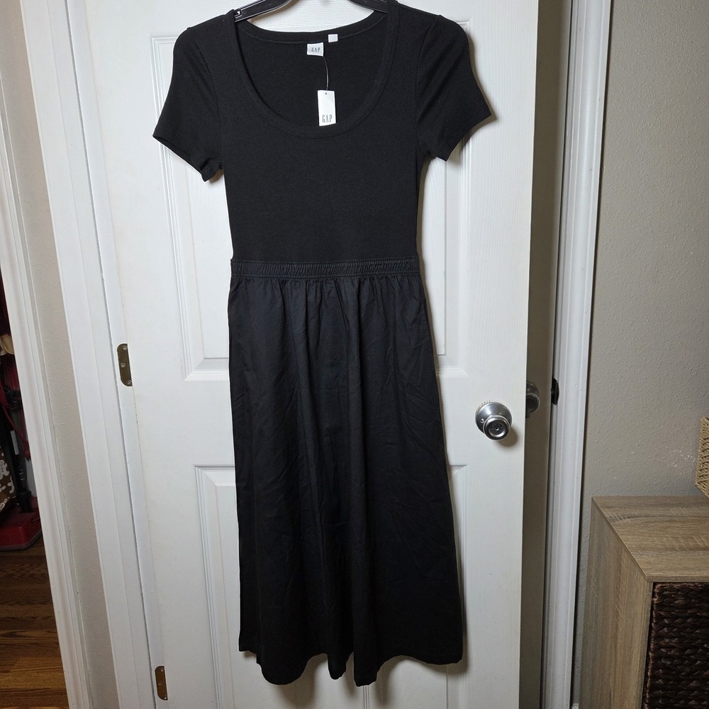 Gap sz S black short slv midi a-line shirt dress NWT casual lightweight everyday